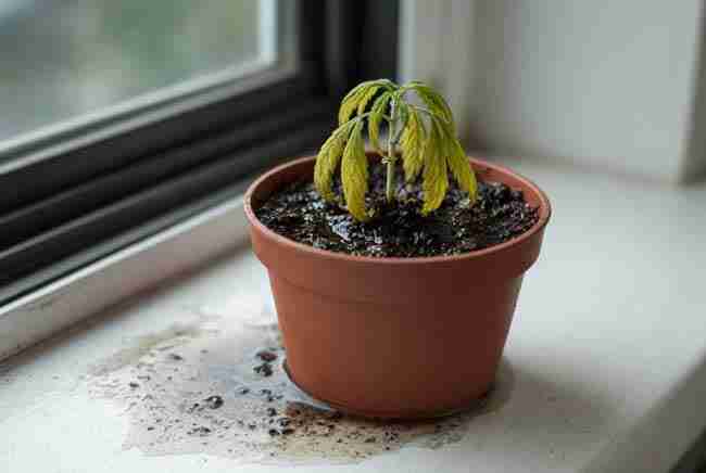Drooping yellow seedling in a soggy windowsill pot