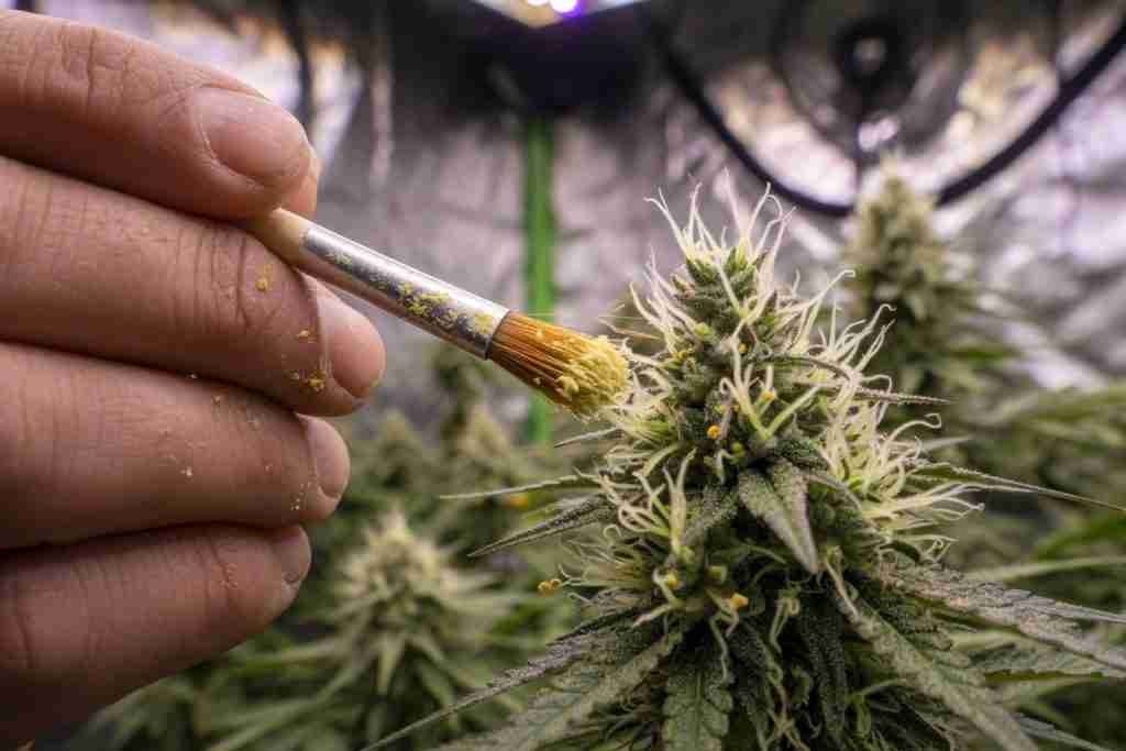 Grower dusting cannabis pollen onto female pistils with a small paintbrush