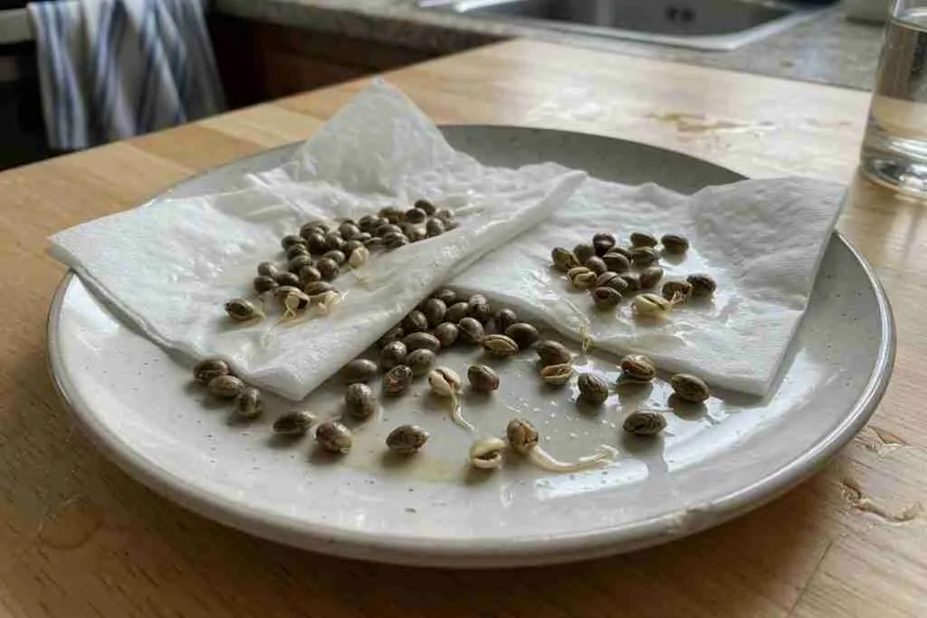 Cannabis seeds germinating between damp paper towels on a plate with visible taproots