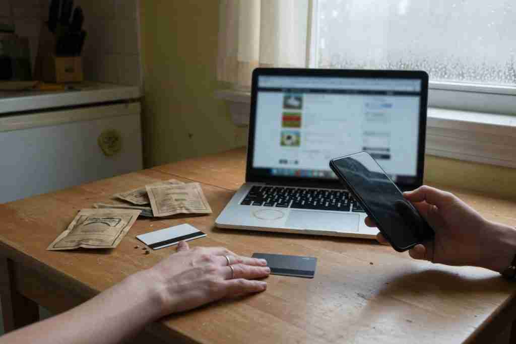Buyer setting a credit card aside and using a phone to pay for cannabis seeds