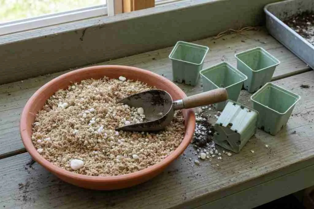 Light peat and perlite seed-starting mix on a potting bench