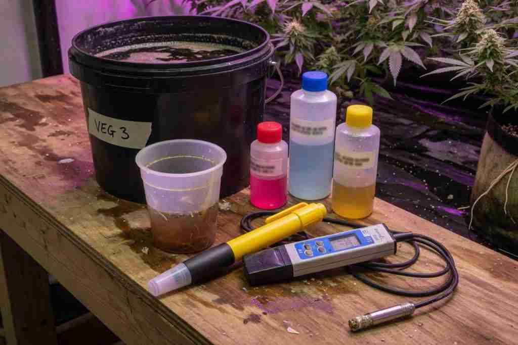pH pen and EC meter on a grow bench beside a cannabis nutrient reservoir