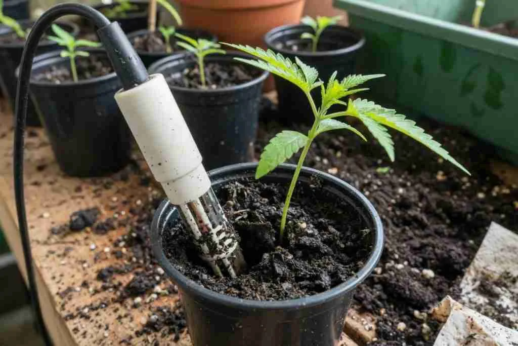 Testing pH in the soil of a cannabis seedling cup