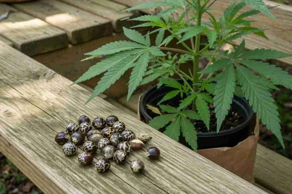 Photoperiod cannabis seeds beside a healthy vegetative plant