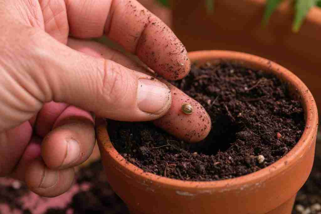 Hand planting a cannabis seed in a small pot of moist soil