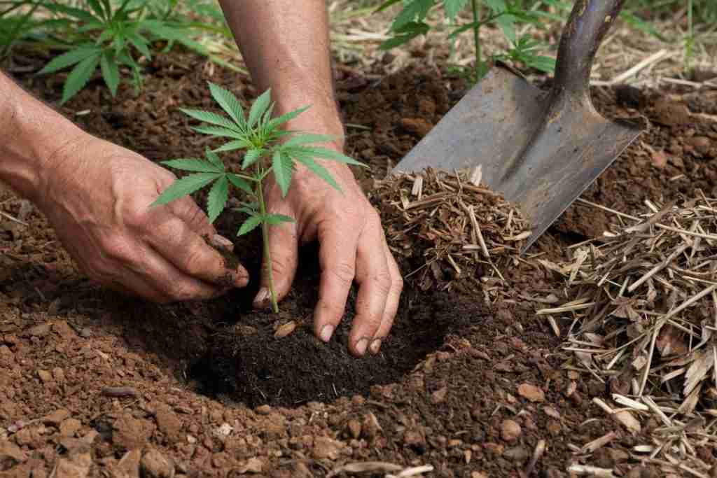 Planting a cannabis seedling into garden soil mixed with compost