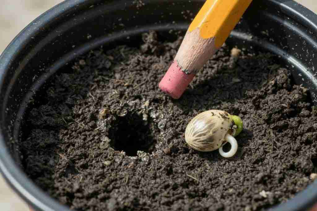 Pencil making a shallow hole in moist seedling soil beside a germinated cannabis seed