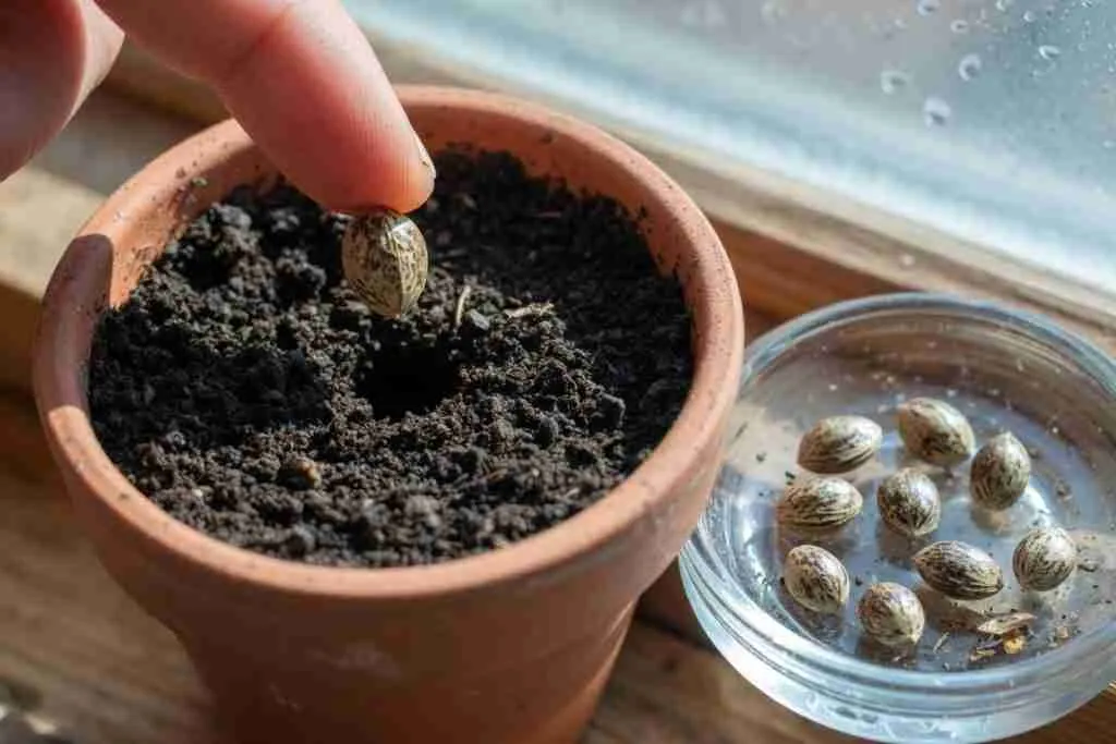 Planting one cannabis seed in a pot with extra seeds nearby