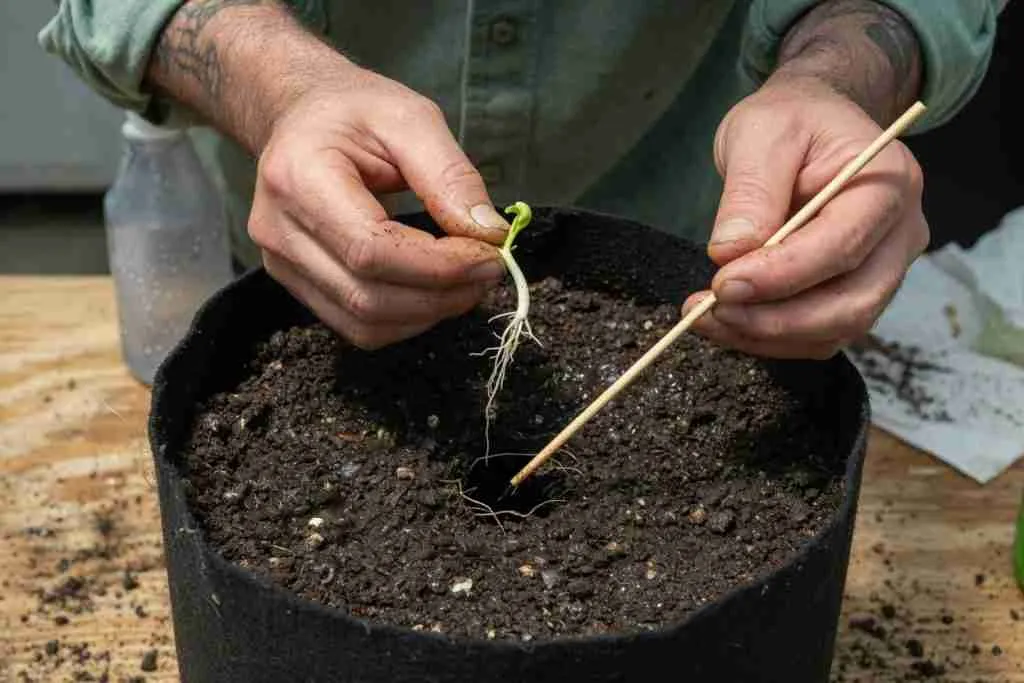Planting a sprouted cannabis seed taproot-down into moist seedling mix