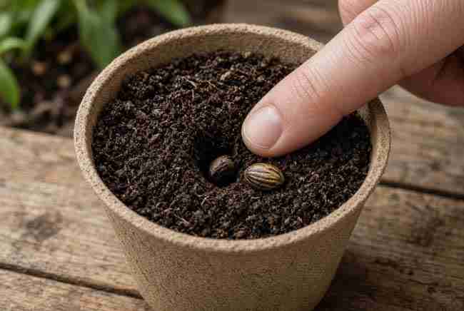 Finger setting a seed into a small nursery pot
