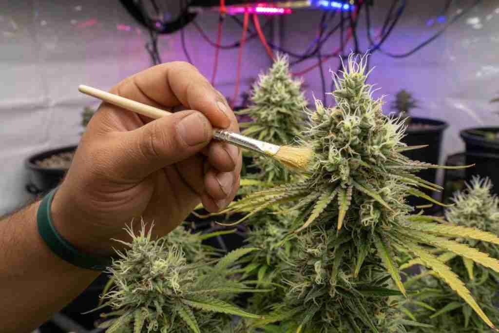Grower dusting pollen onto pistils of a flowering female cannabis plant with a small brush