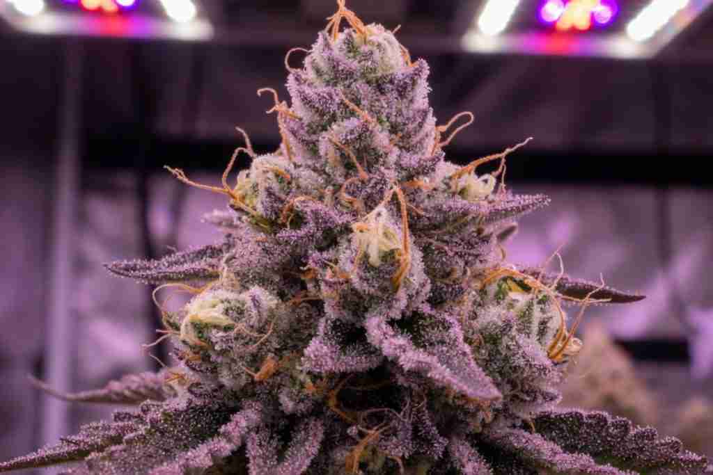 Dense trichome-covered cannabis cola from quality seed genetics