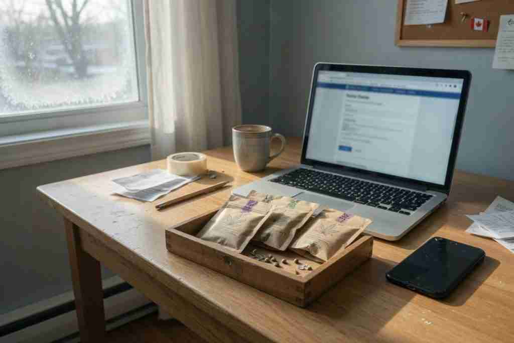 Desk with seed packets, phone, and a laptop open to contact the seed shop