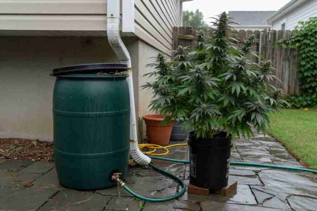 Rain barrel under a downspout next to a potted outdoor cannabis plant