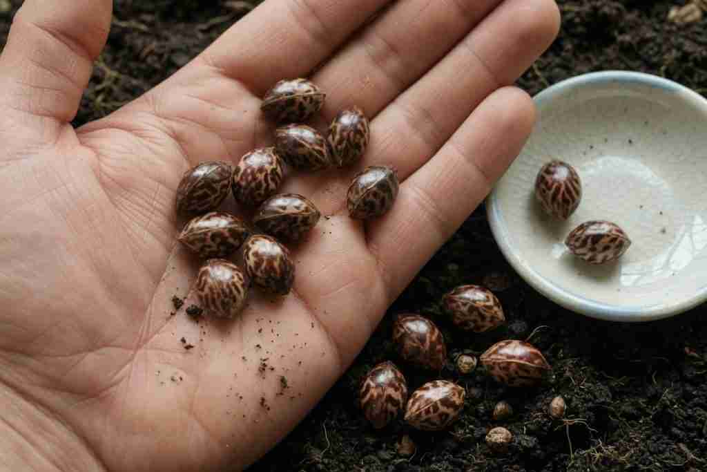 Mature tiger-stripe regular cannabis seeds on dark soil