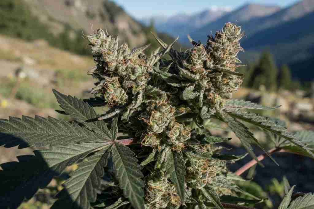 Dense resinous indica-style cannabis buds on a short plant in mountain light