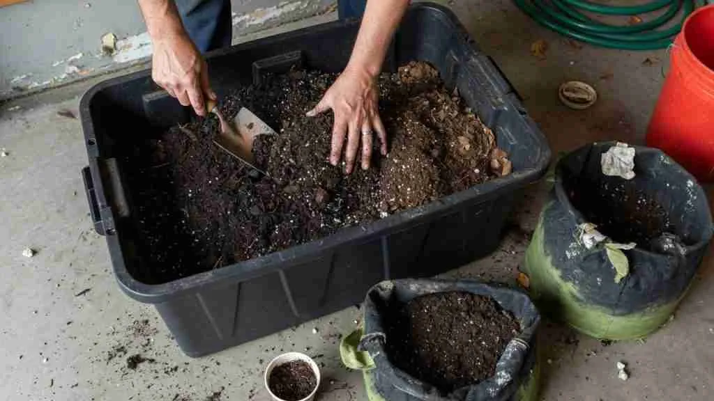 Mixing reused potting soil with compost and perlite in a tote