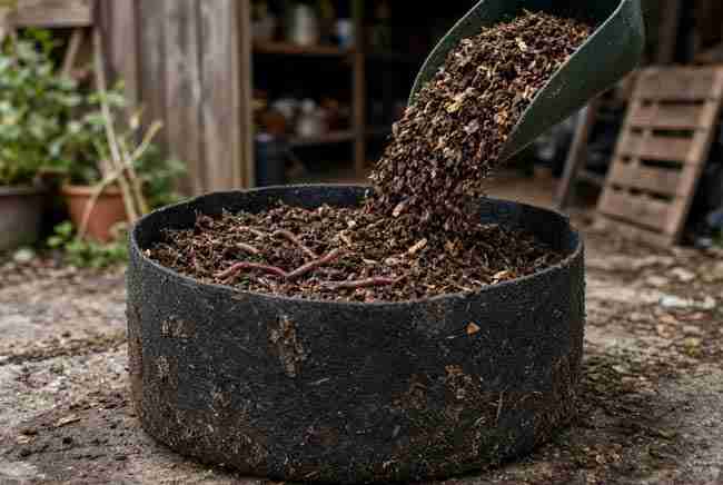 Fabric pot being topped with fresh compost after harvest