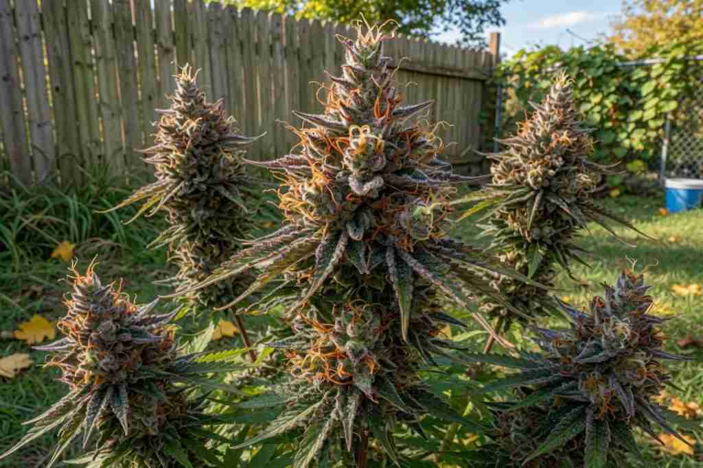 Ripe outdoor cannabis buds in a backyard garden in late summer