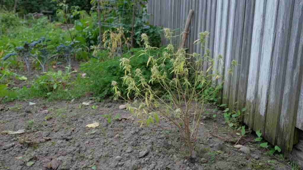 Small hardy weedy cannabis plant flowering in a northern garden beside a wooden fence