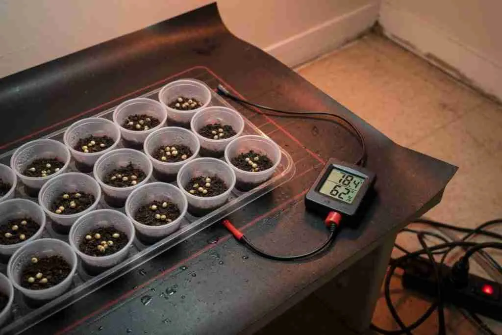 Heat mat under a tray of cups for warm cannabis seed germination