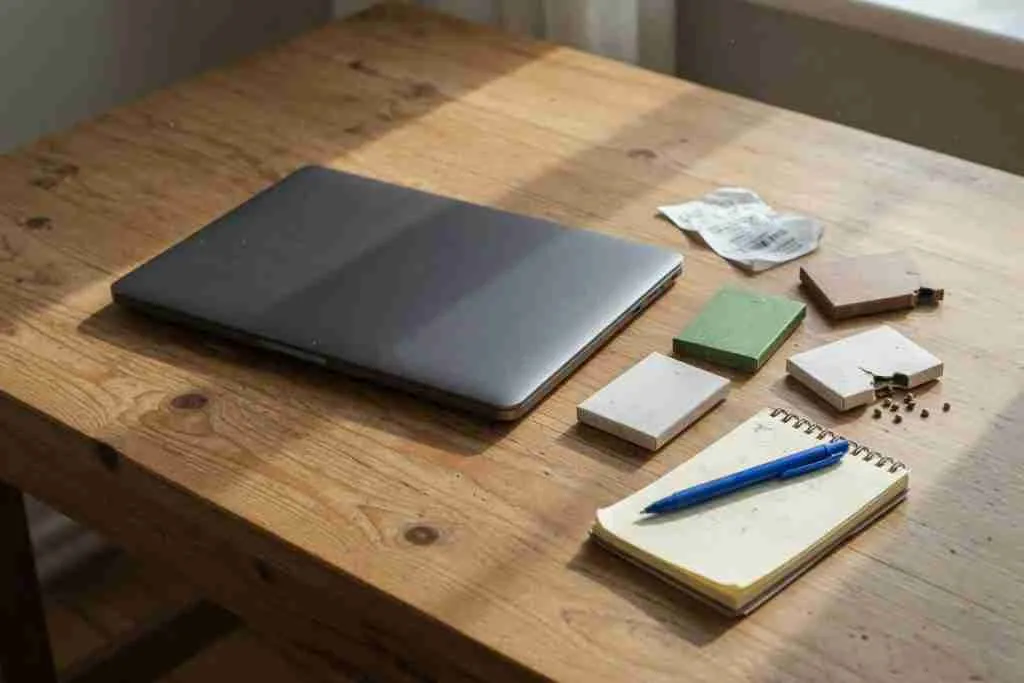 Laptop and blank cannabis seed packs on a wooden desk
