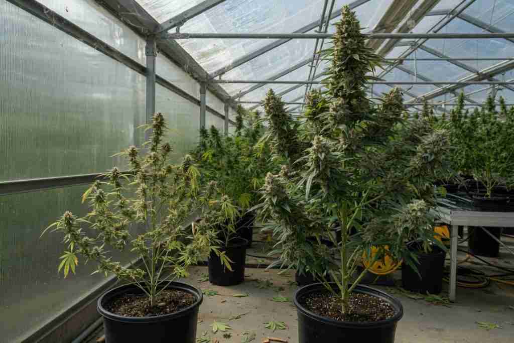 Short hardy cannabis plant beside a taller resinous photoperiod plant in a greenhouse