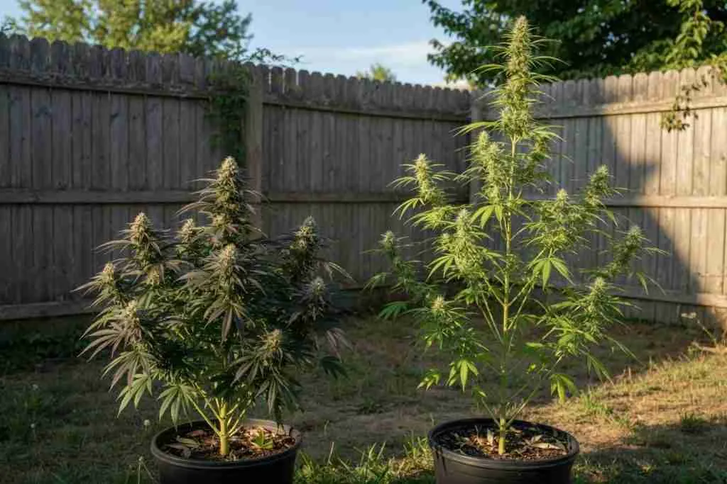 Short bushy outdoor cannabis plant beside a taller sativa-leaning plant