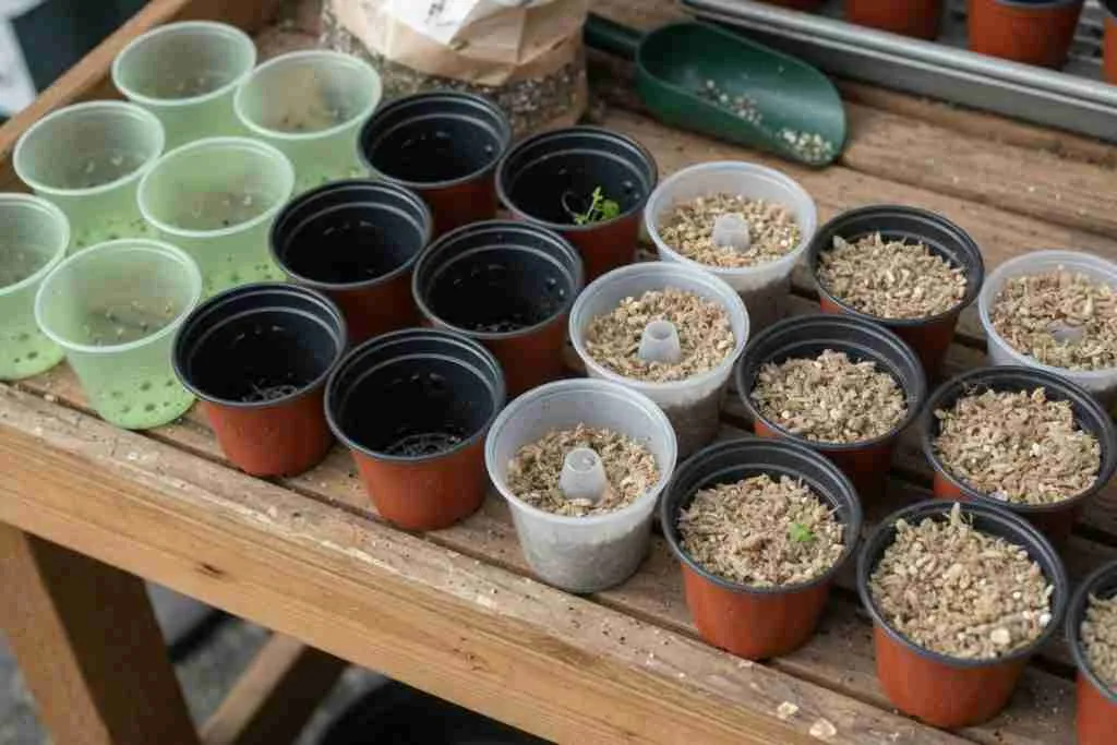 Small nursery cups and pots with drainage holes for starting cannabis