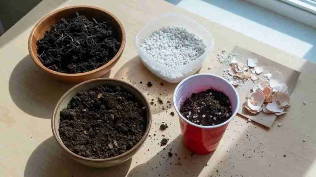 Worm castings, potting soil, perlite, eggshells, and a red party cup on a work table