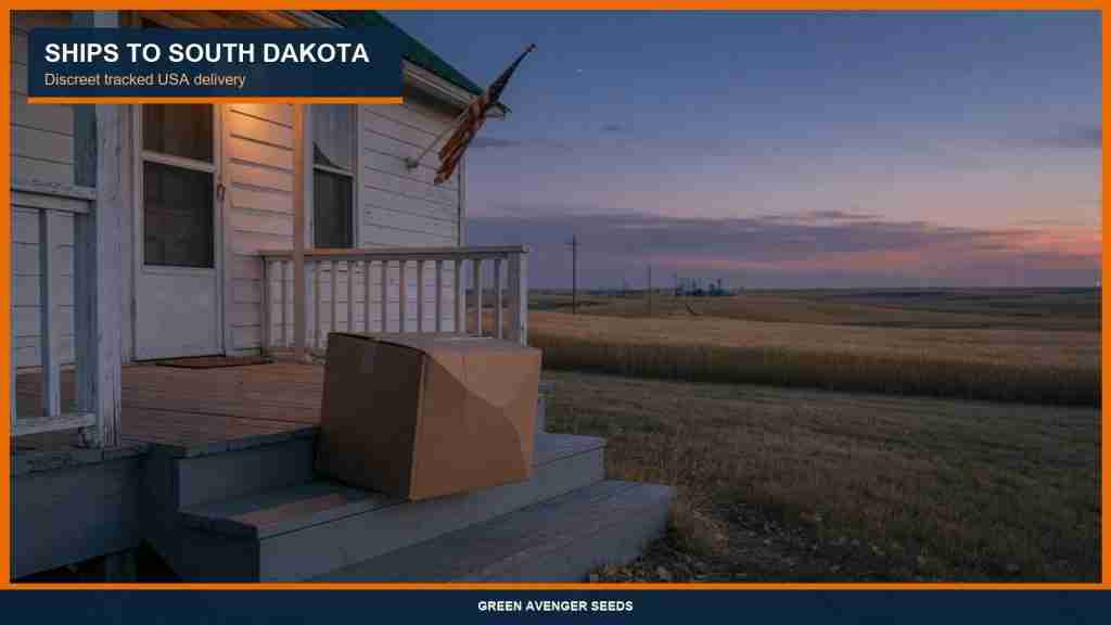 Discreet tracked cannabis seed shipping to a South Dakota prairie porch