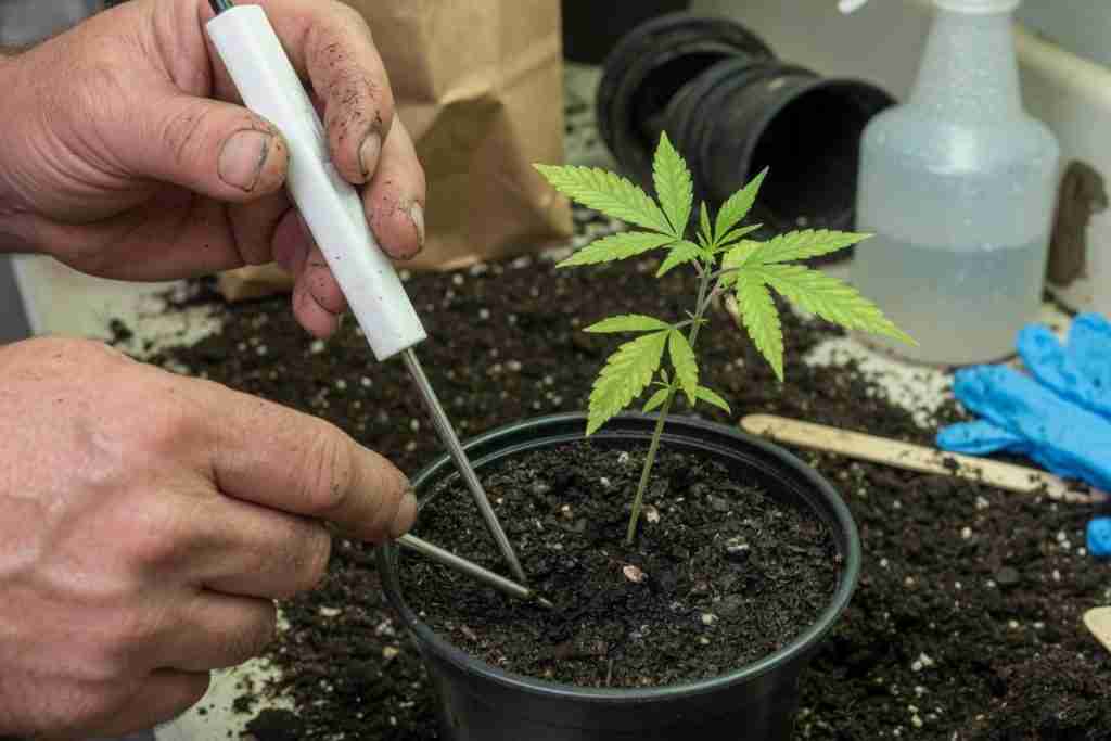 Grower testing pH in the soil of a young cannabis seedling pot