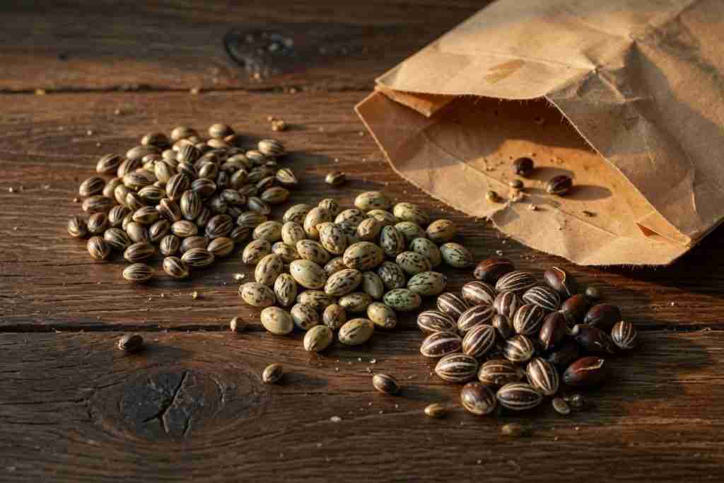 Three piles of mature cannabis seeds with mixed sizes and stripe patterns