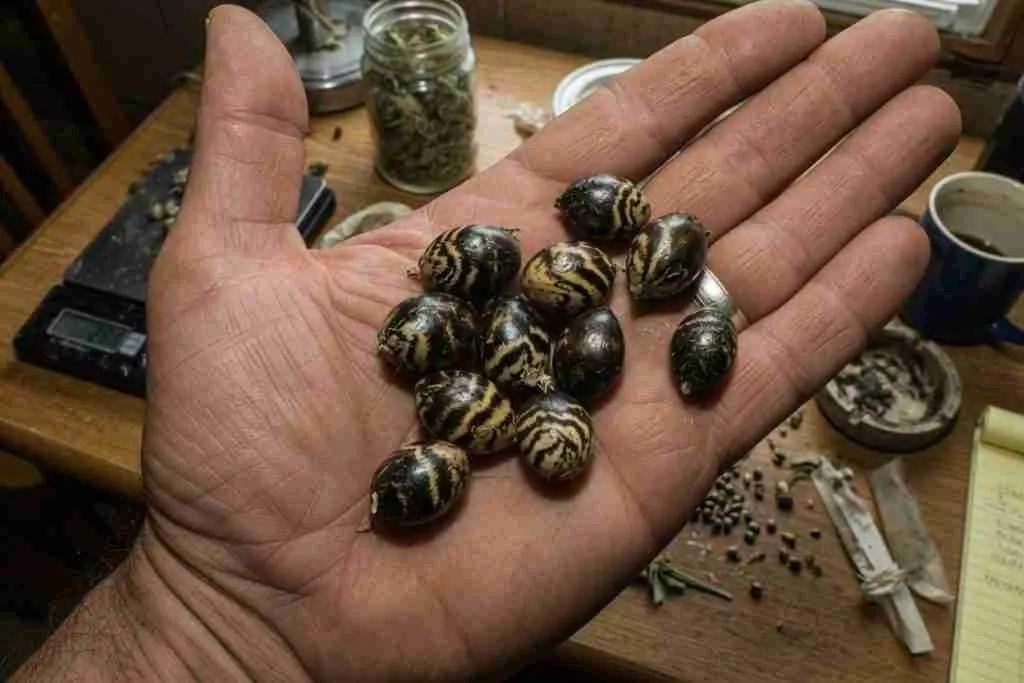 Dark tiger-stripe cannabis seeds in a grower's open hand