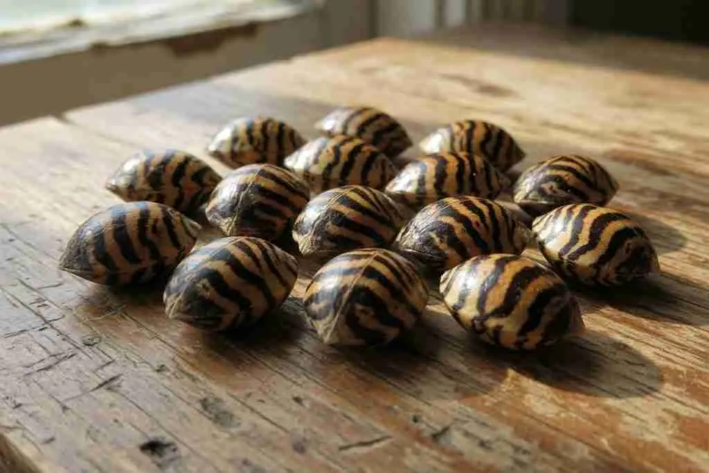 Mature tiger-stripe cannabis seeds on a wooden table