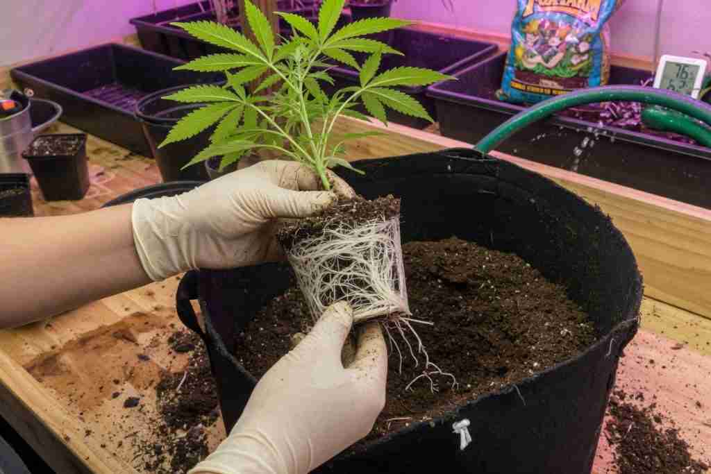 Transplanting a young cannabis plant with a white root ball into a larger fabric pot