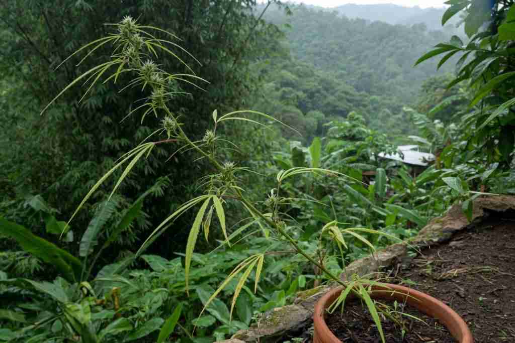 Tall narrow-leaf tropical cannabis plant with spear flowers on a jungle hillside