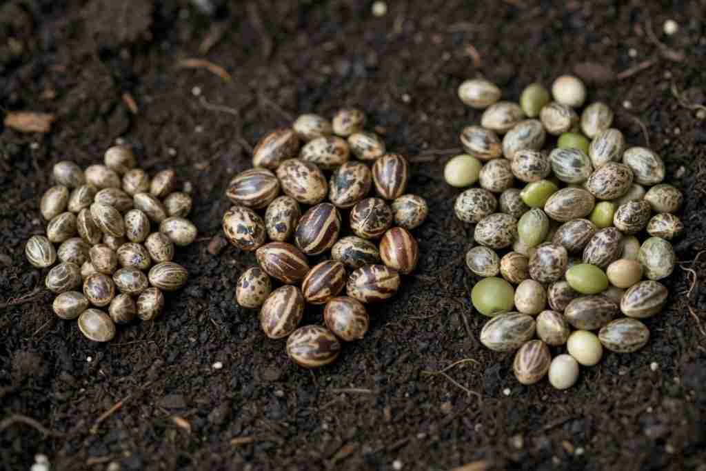 Three piles of mature cannabis seeds showing mixed sizes and stripe patterns