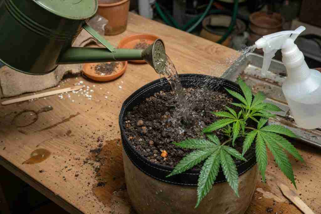 Watering can at a cannabis pot beside a spray bottle aimed at the leaves