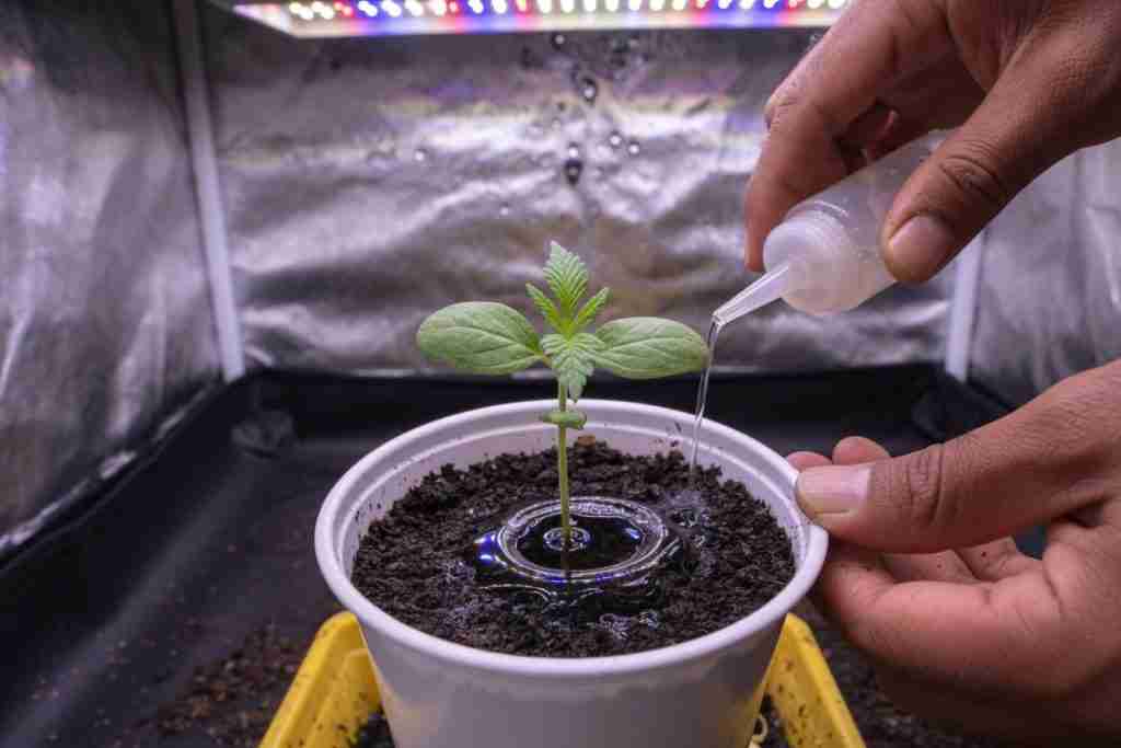 Watering a cannabis seedling in a small cup around the stem in the first week