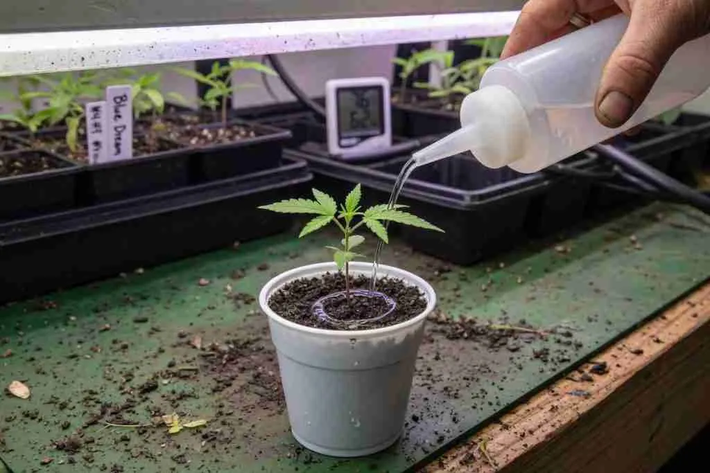 Watering a cannabis seedling in a small ring around the stem