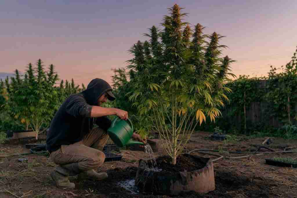 Grower watering the soil at the base of an outdoor cannabis plant at dusk