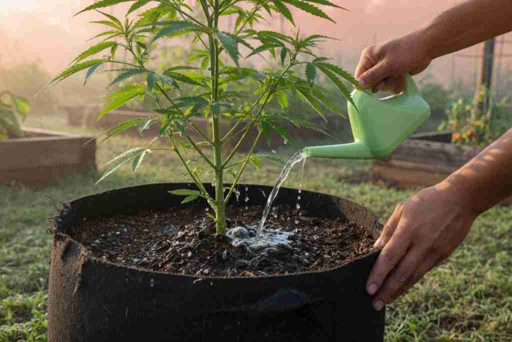 Watering the soil at the base of an outdoor cannabis plant in a fabric pot