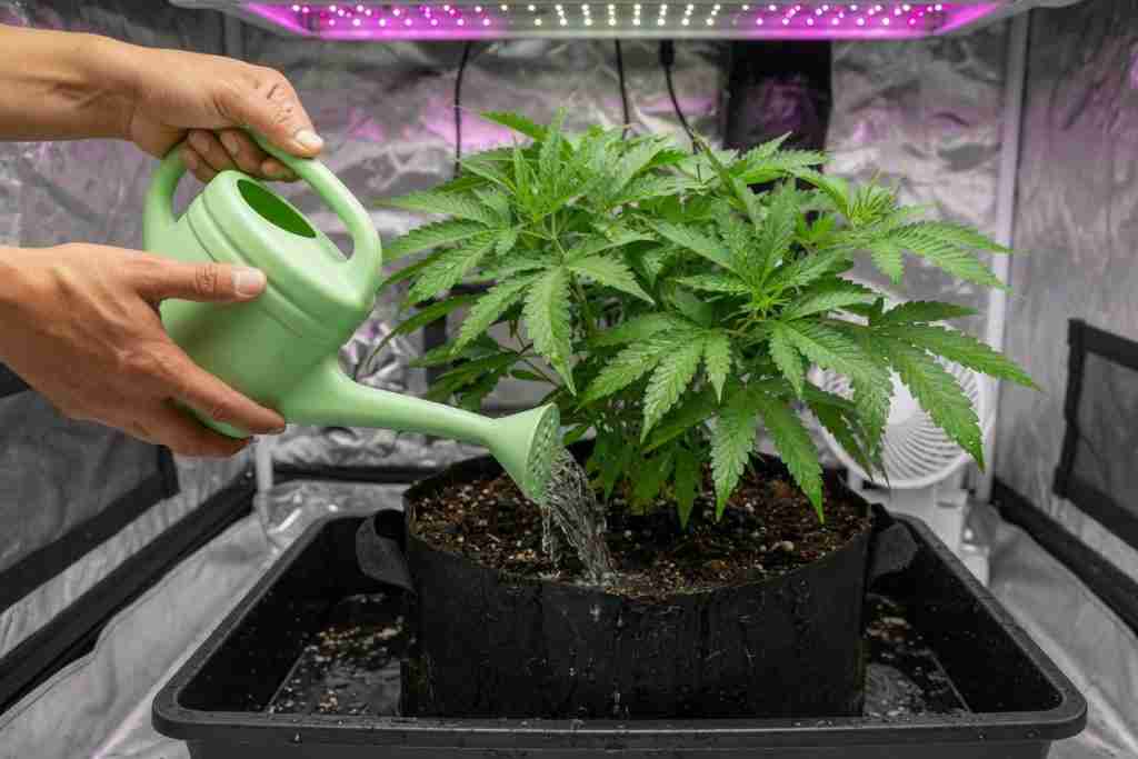 Watering a vegetative cannabis plant in a fabric pot under an LED in a grow tent