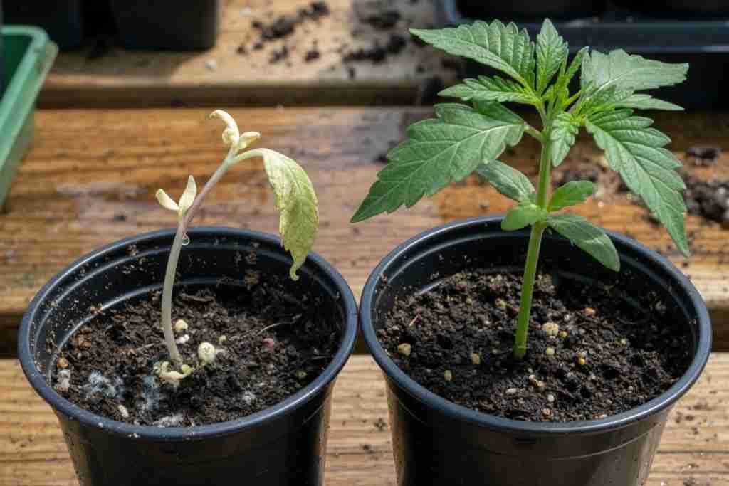 Pale weak cannabis seedling beside a sturdy green seedling in nursery cups