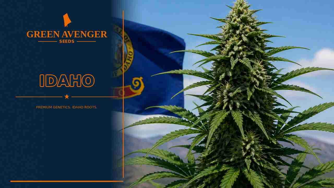 Buy cannabis seeds in Idaho — Green Avenger Seeds with official Idaho state flag