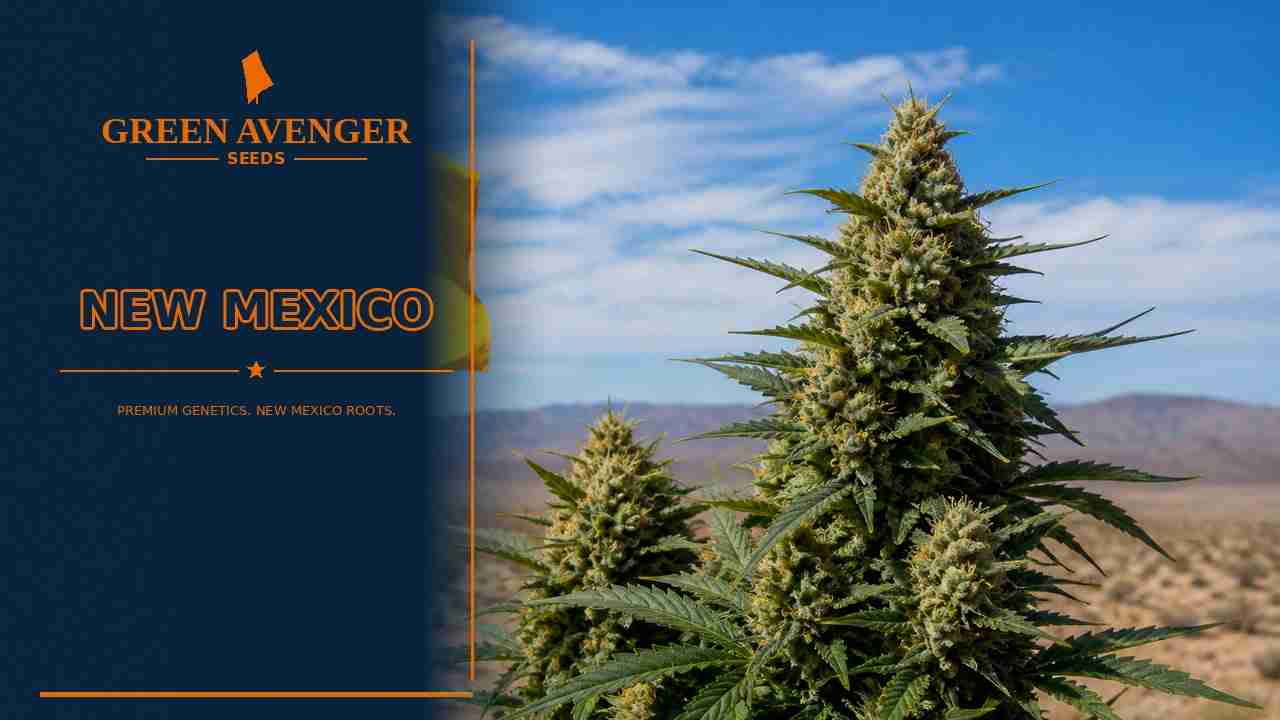 Buy cannabis seeds in New Mexico — Green Avenger Seeds with official New Mexico state flag