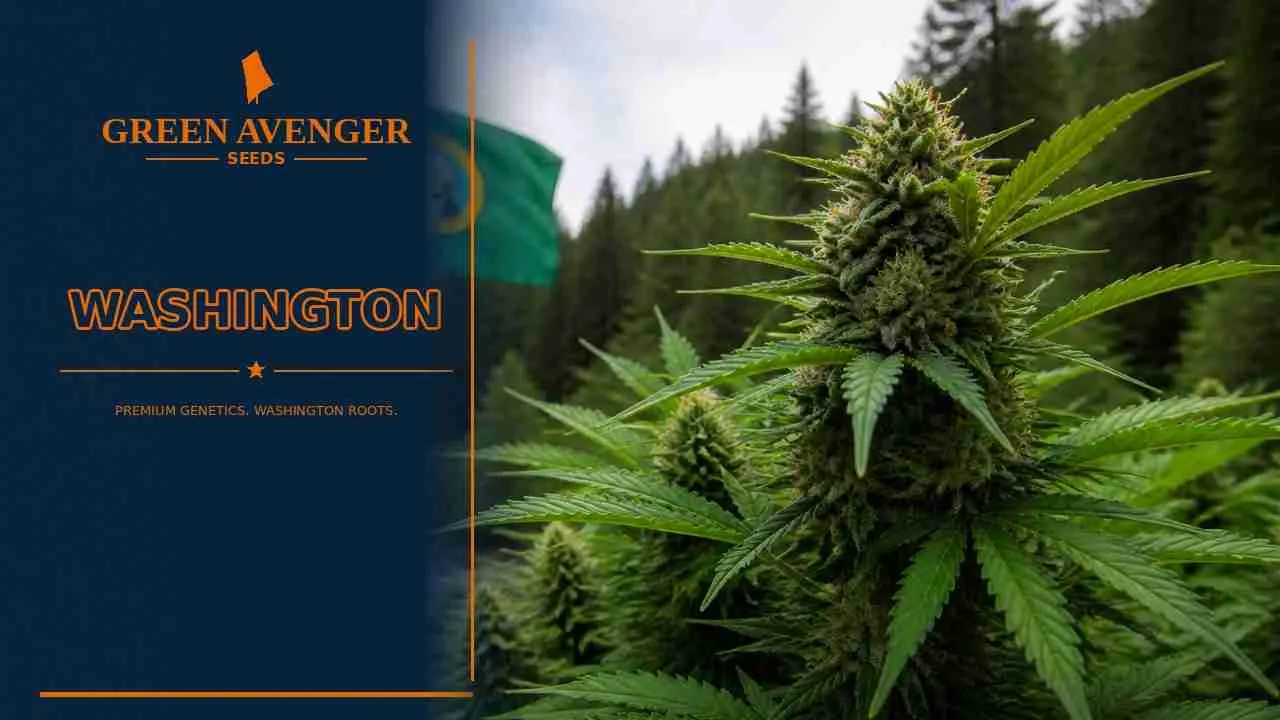Buy cannabis seeds in Washington — Green Avenger Seeds with official Washington state flag