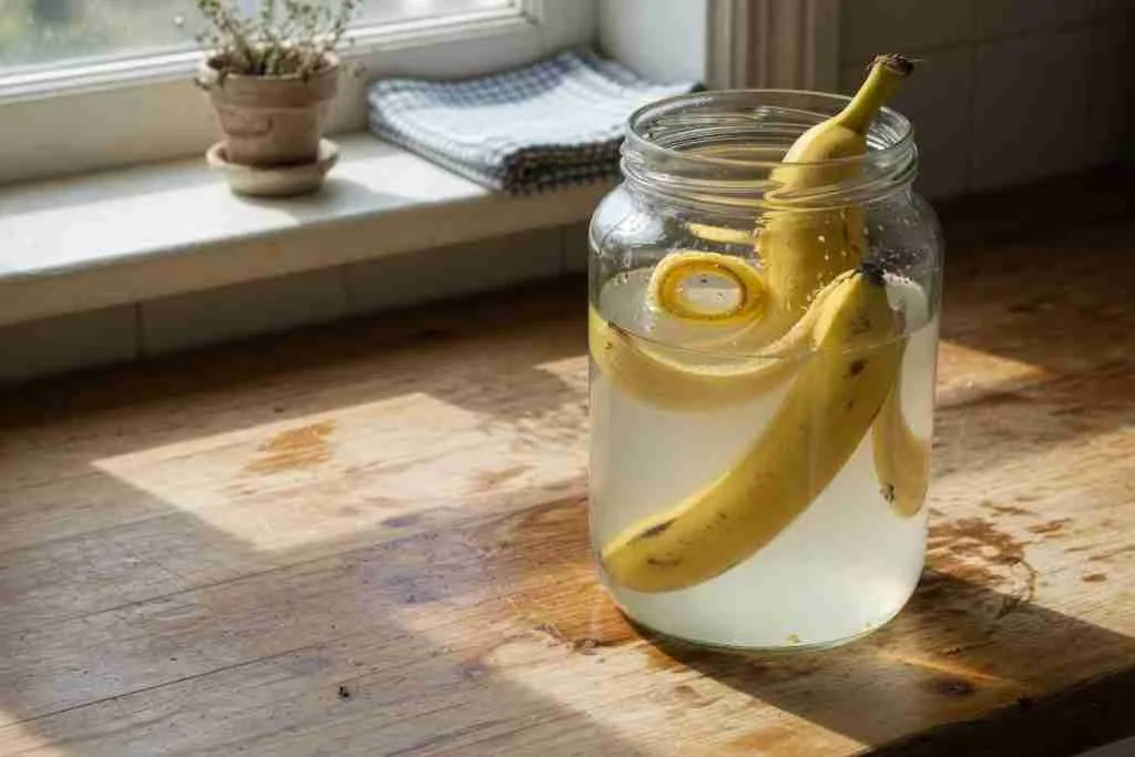 Banana peels soaking in a jar of water