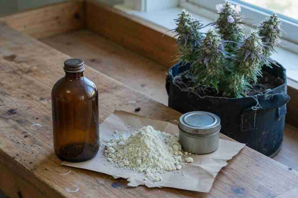 Unlabeled amber bottle, bone-meal powder on kraft paper, and a flowering cannabis plant in a fabric pot on a wooden bench